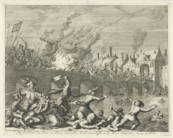 Spaniards killing people in Maastricht, 1579, Jan Luyken, 1678 - 1680