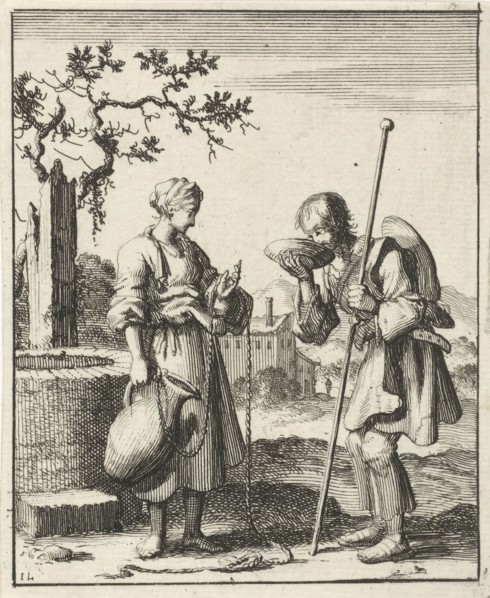 Wife gives a pilgrim water from a jug, Jan Luyken, Pieter Arentsz (II), 1687