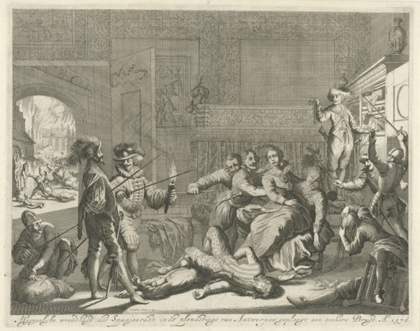 Abuse of a bride by Spanish soldiers during the Spanish Fury in Antwerp, Belgium, 1576, Jan Luyken,