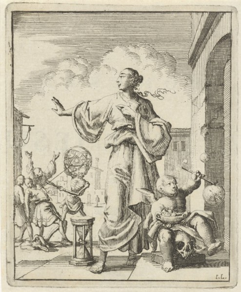 Women making defensive gesture to Death, who cuts the thread of life, print maker: Jan Luyken,