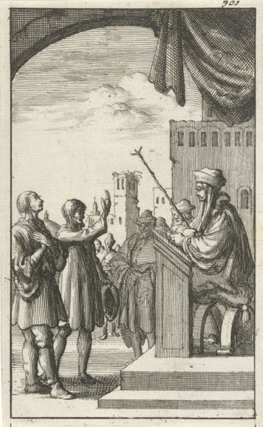 Man makes an oath in court, Jan Luyken, Jan Bouman, 1685
