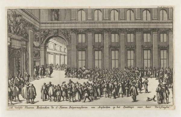 Freed slaves to thank the mayors of Amsterdam for their liberation, ca. 1682-1684, Jan Luyken, Jan