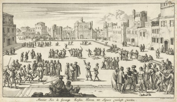 Christian prisoners are sold on a square in Algiers as slaves, Algeria, print maker: Jan Luyken,