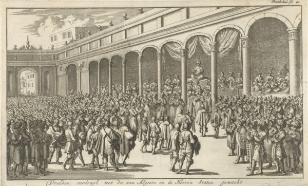 Asan Aga speaks to Westerners in the presence of a large crowd on a square, Jan Luyken, Jan Claesz