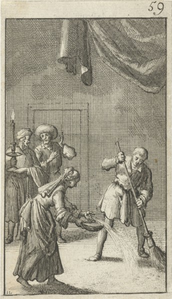 Christian watches as a man and woman are cleaning the floor, Jan Luyken, Johannes Boekholt 1684