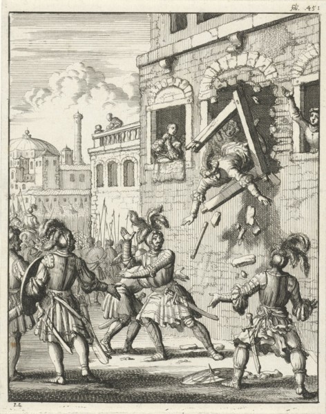Henry II, Count of Champagne, plummeting through a broken window frame, Jan Luyken, Timotheus ten