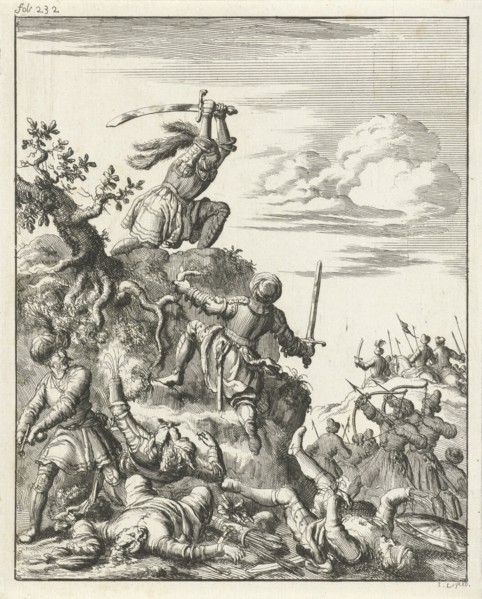 Louis VII, King of France, fighting alone against the enemy at Laodicea, Jan Luyken, Timotheus ten