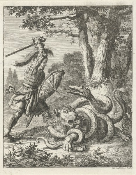 Godfrey of Bouillon free a lion from the stranglehold of a snake, Jan Luyken, 1683