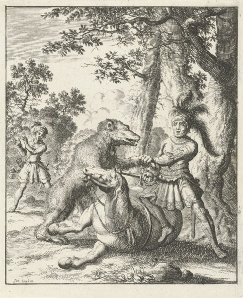 Godfrey of Bouillon, c. 1060 â€ì 1100, beats a bear, Jan Luyken, Timotheus ten Hoorn, 1683