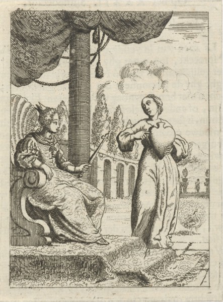 Personification of the soul shows the World enthroned her heart, Jan Luyken, Pieter Arentsz (II),