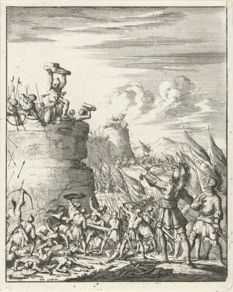 Attack on a fortress where a Turk is hit by arrows, print maker: Jan Luyken, Timotheus ten Hoorn,