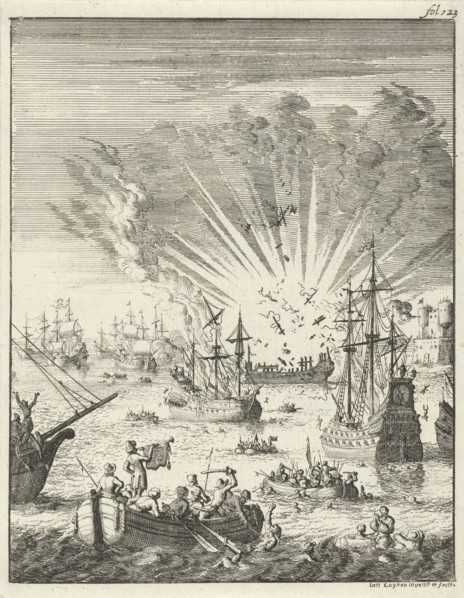 Sea Battle between Dutch and Spanish ships off the coast of Goa India, 1638, Jan Luyken, 1683