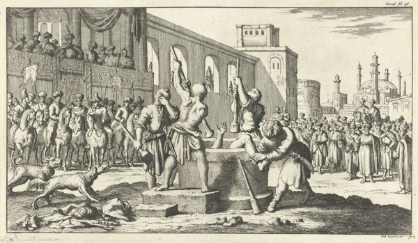 Convicted pounded by four executioners, Jan Luyken, 1682