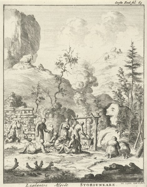 Laplanders worship the god Storiunkare, Lapland, print maker: Jan Luyken, Jan Claesz ten Hoorn,