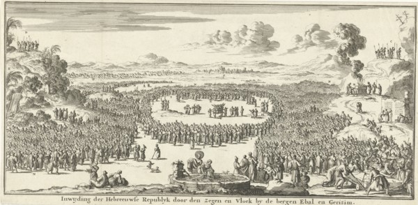 Israelites bring burnt offerings and sacrifices on Mount Ebal and Gerizim, print maker: Jan Luyken,