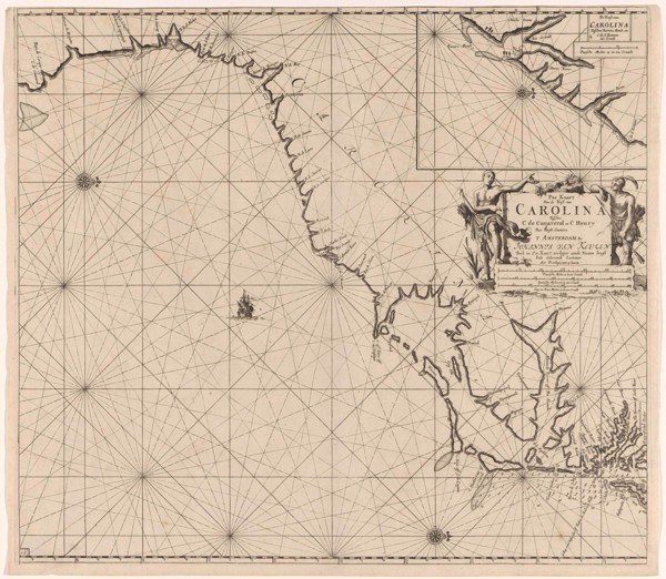 Sea chart of part of the east coast of the United States USA, print maker: Jan Luyken, Claes Jansz