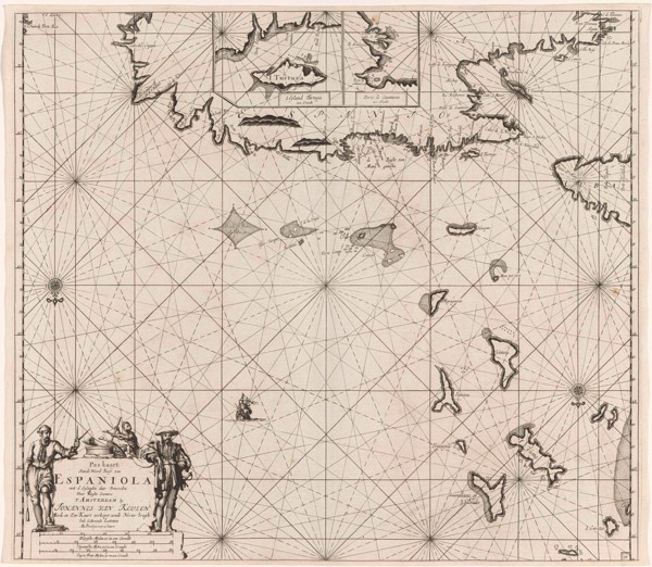 Sea chart of the north coast of Hispaniola, with two insert cards, print maker: Jan Luyken, Claes