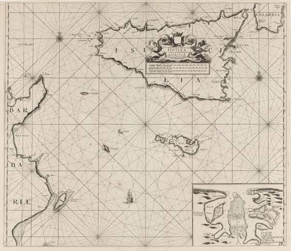 Map of the islands of Sicily and Malta and part of the coast of Tunisia, Anonymous, Johannes van