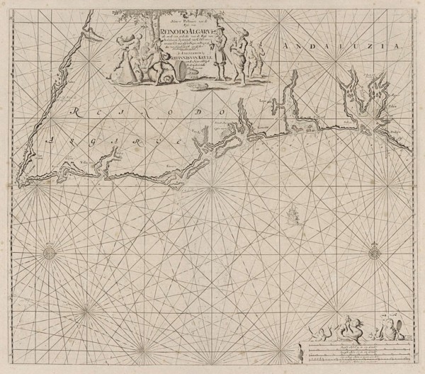 Sea map of part of the south coast of Portugal and Spain with the Algarve and Andalucia, Jan