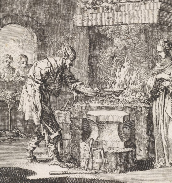 Lady World and the devil in a smithy, Jan Luyken, 1714