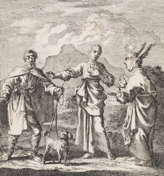 Personified soul talking to the Meat and blind, Jan Luyken, 1714