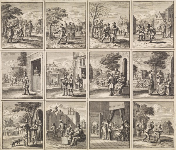 Twelve pictures from 'Des menschen begin, midden en einde', print maker: Jan Luyken, wed. Pieter