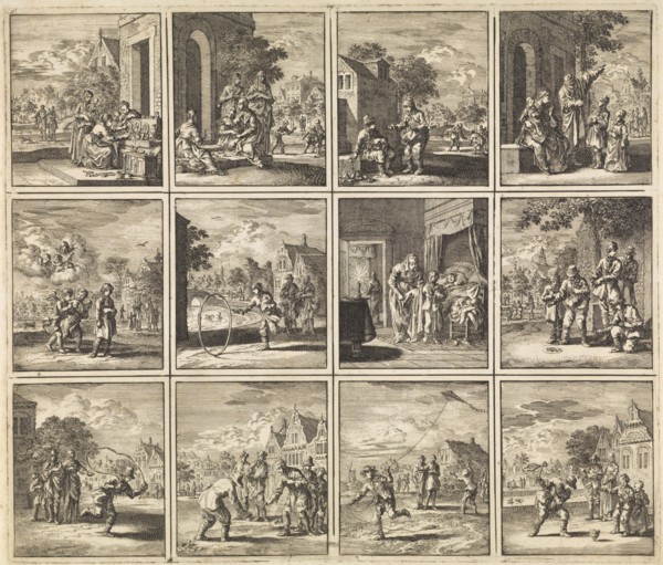 Twelve pictures from 'Des menschen begin, midden en einde', Jan Luyken, wed. Pieter Arentsz (II),