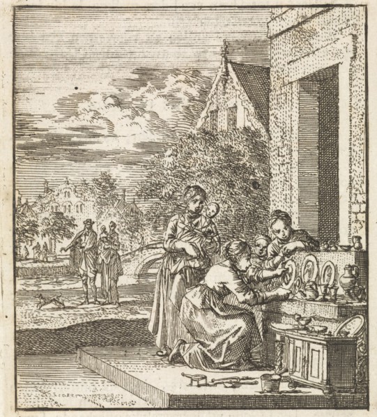 Girls exhibit dolls and tableware on the sidewalk, Jan Luyken, wed. Pieter Arentsz II, Cornelis van