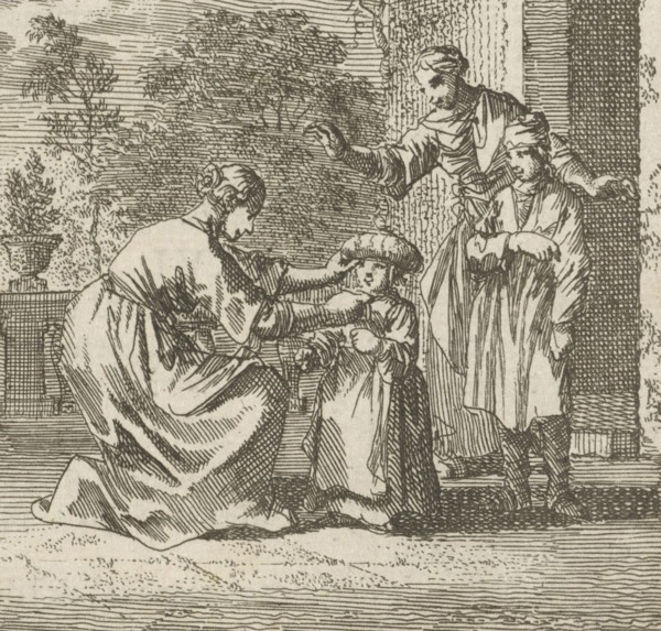Child is given protective headgear in the garden, Jan Luyken, wed. Pieter Arentsz (II), Cornelis