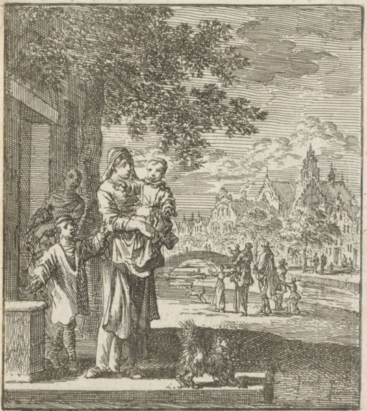 Mother with child on the sidewalk in front of her house, Jan Luyken, wed. Pieter Arentsz (II),