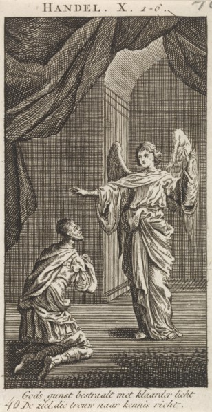 Cornelius kneels before the angel sent to him, Jan Luyken, Anonymous, 1712