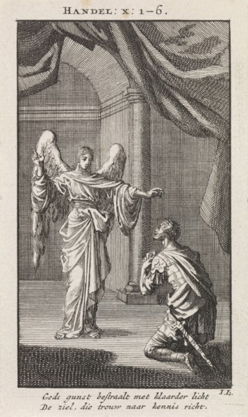 Cornelius kneels before the angel sent to him, Jan Luyken, wed. Pieter Arentsz & Cornelis van der