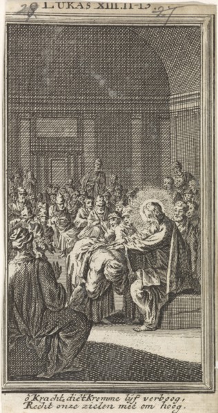 Christ puts his hand on a woman, Jan Luyken, Anonymous, 1712