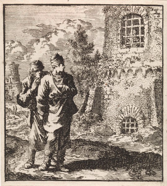 Two travelers watching a man behind the bars of a prison, print maker: Jan Luyken, wed. Pieter