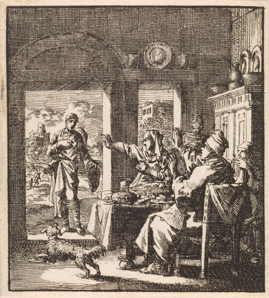 Family makes dismissive gestures to a poor man who asks for help, Jan Luyken, wed. Pieter Arentsz,