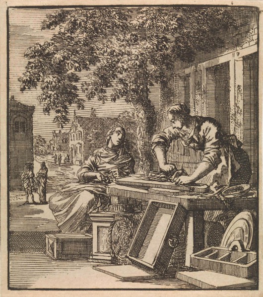 A man sands wood in front of the facade of a house, print maker: Jan Luyken, wed. Pieter Arentsz &