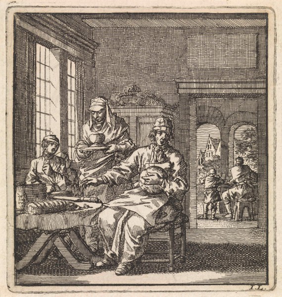 Figures at a table on which a loaf of bread and a knife can be seen, print maker: Jan Luyken, wed.