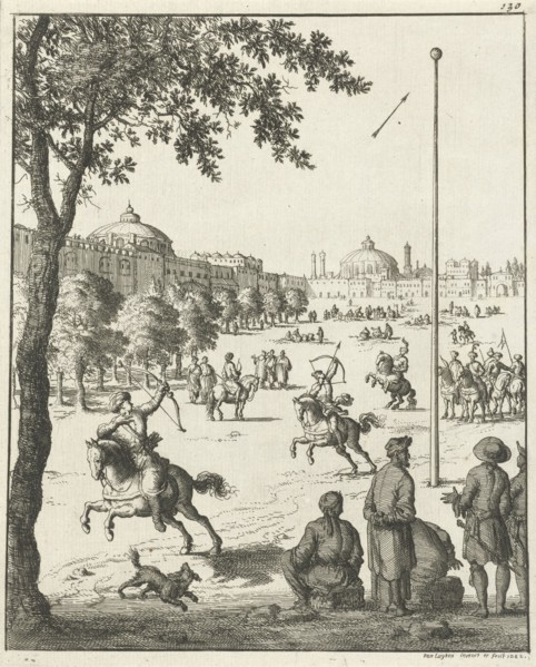 Persians on horseback practicing with bow and arrow, Pieter Jansz, 1651