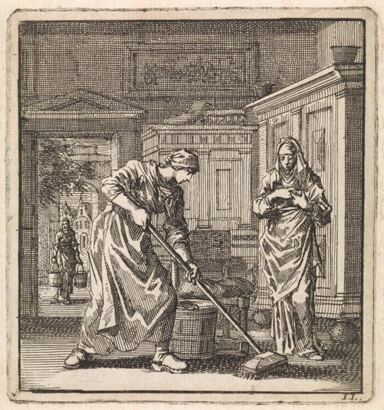Female scrubs the floor with a scrubbing brush, print maker: Jan Luyken, wed. Pieter Arentsz &