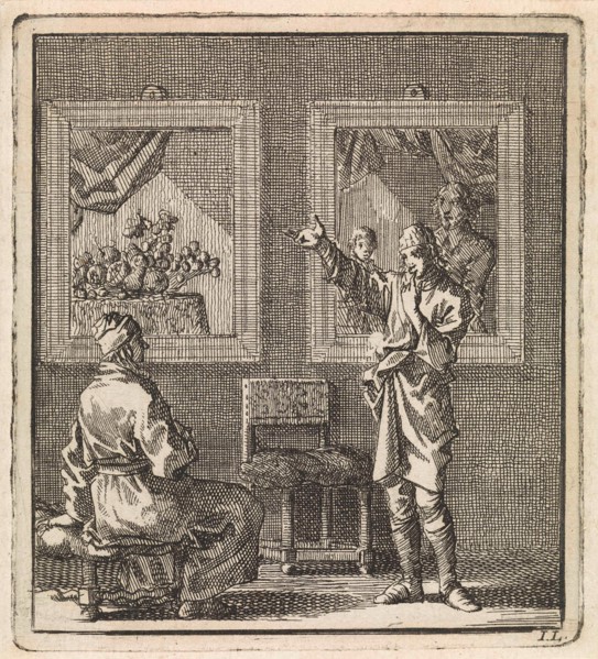 Young man talks about the paintings hanging behind him, print maker: Jan Luyken, wed. Pieter