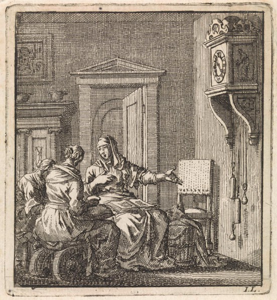 Three women at a wall clock, Jan Luyken, wed. Pieter Arentsz & Cornelis van der Sys (II), 1711