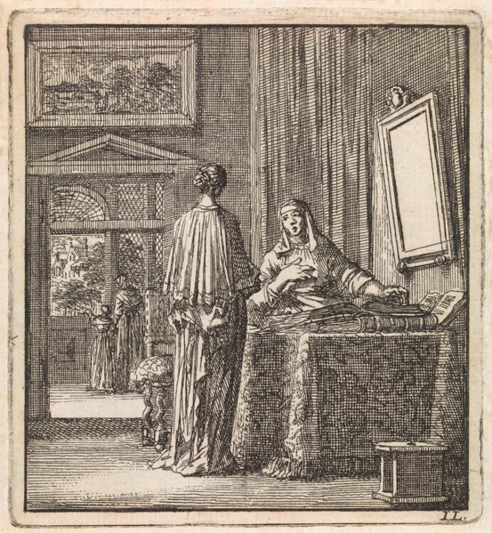 In addition to a mirror where a woman looks at another woman reading the Bible, Jan Luyken, wed.