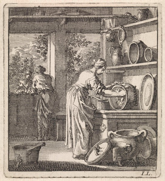 Woman cleans a pot, Jan Luyken, wed. Pieter Arentsz & Cornelis van der Sys (II), 1711