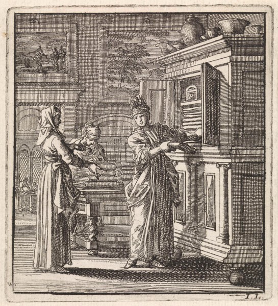 Woman takes things out of a cupboard, Jan Luyken, wed. Arentsz Pieter Cornelis, van der Sys II,