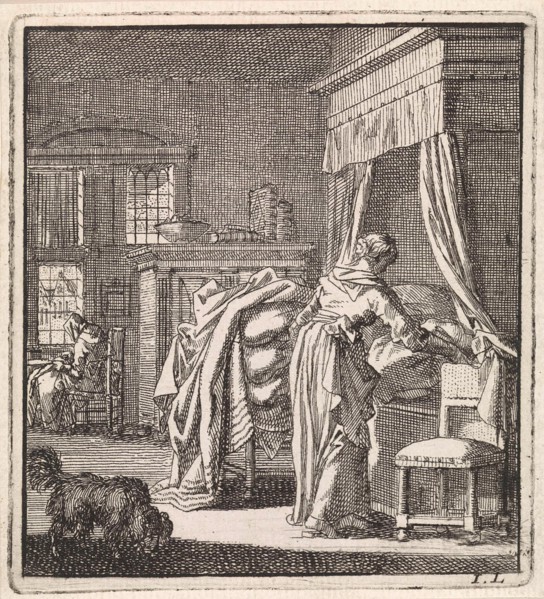 Woman collects a bed sheet, Jan Luyken, wed. Pieter Arentsz & Cornelis van der Sys (II), 1711