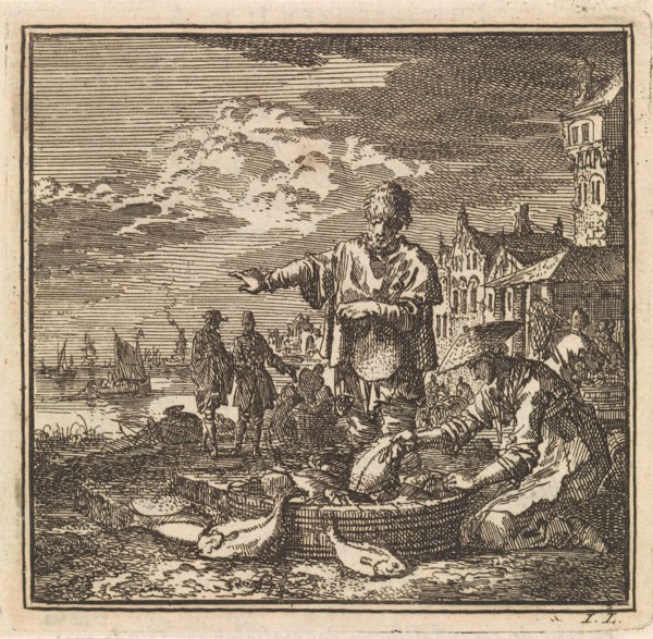 Fisher and his wife and a tub full of fish, Jan Luyken, wed. Arentsz Pieter Cornelis van der Sys