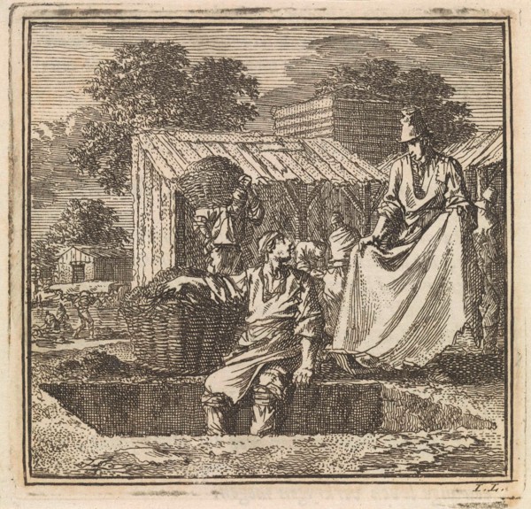 Man sitting on the edge of a deep pit, print maker: Jan Luyken, wed. Pieter Arentsz & Cornelis van