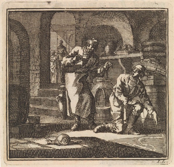 In a basement two men are looking at the trail of a snail, print maker: Jan Luyken, wed. Pieter