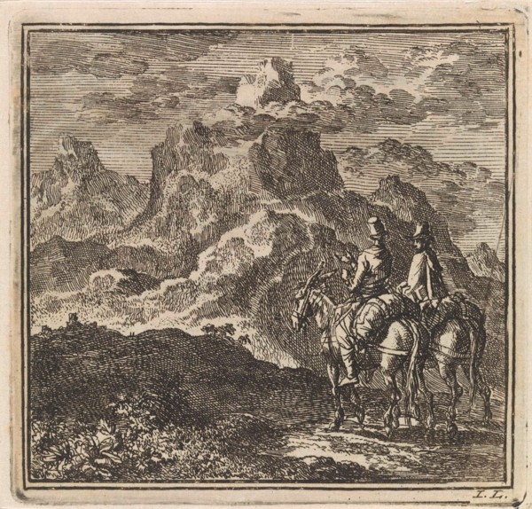 Two travelers on donkeys in the Alps, Jan Luyken, wed. Pieter Arentsz & Cornelis van der Sys (II),
