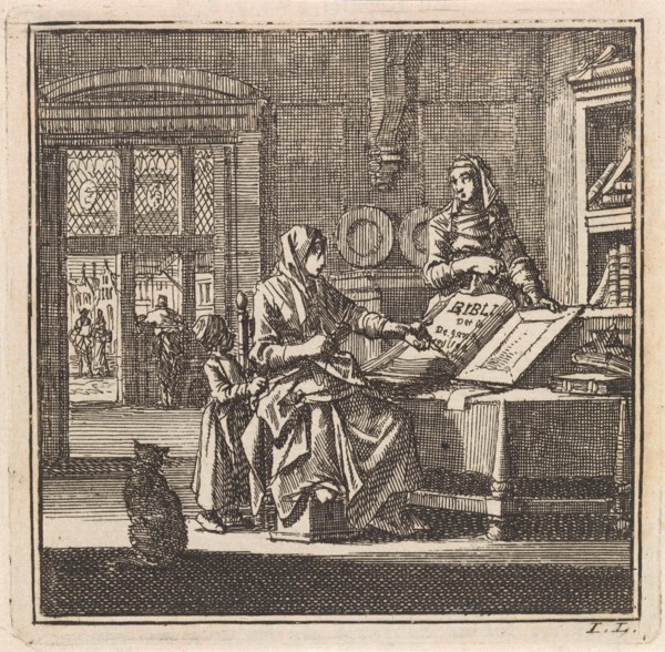 Two women stand near an open bible, print maker: Jan Luyken, wed. Pieter Arentsz & Cornelis van der